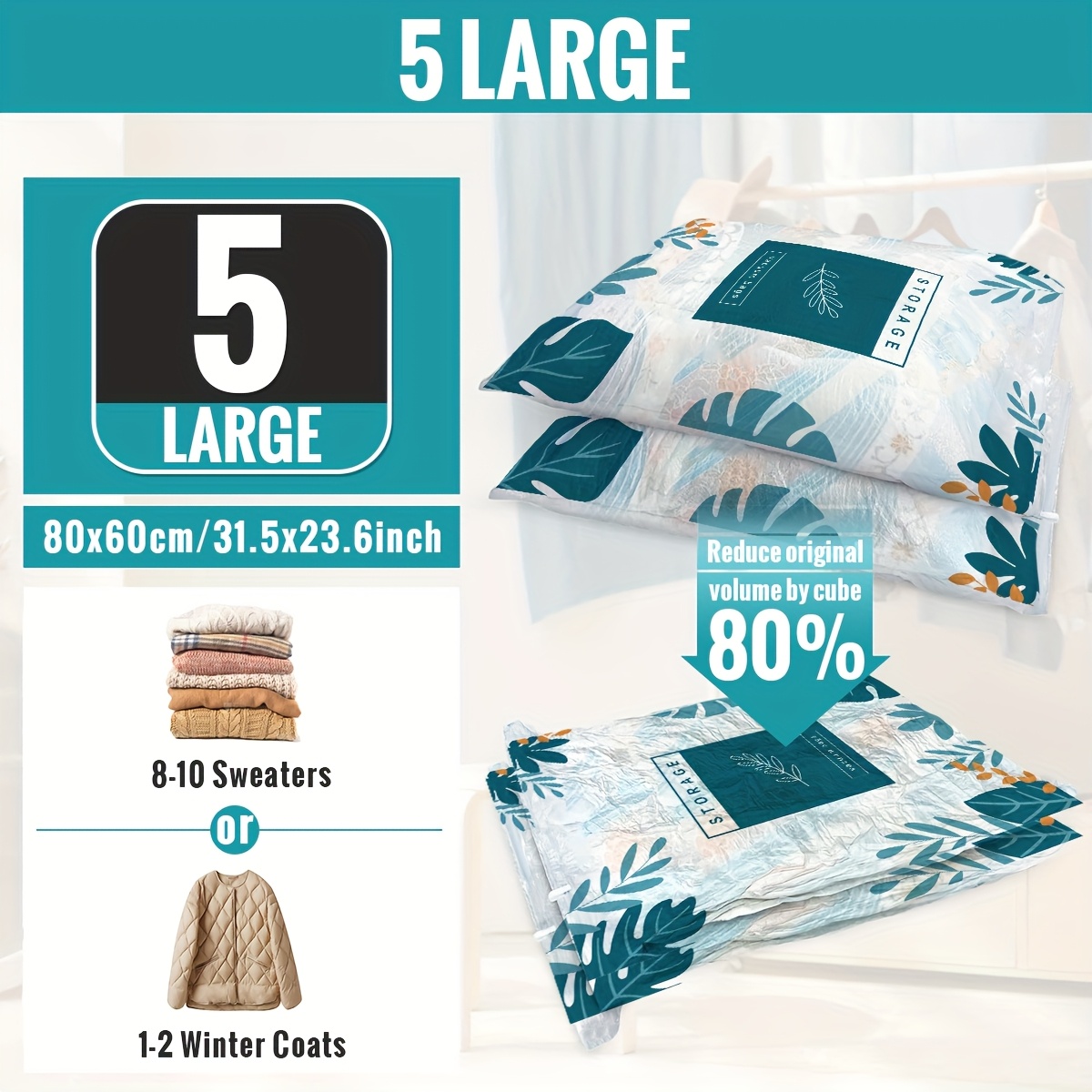 [space- Storage Bags] 5/10 Pack Space- Vacuum Storage Bags | Transparent, Durable Plastic, Zipper Closure - Ideal For Closet Organization And Home Storage