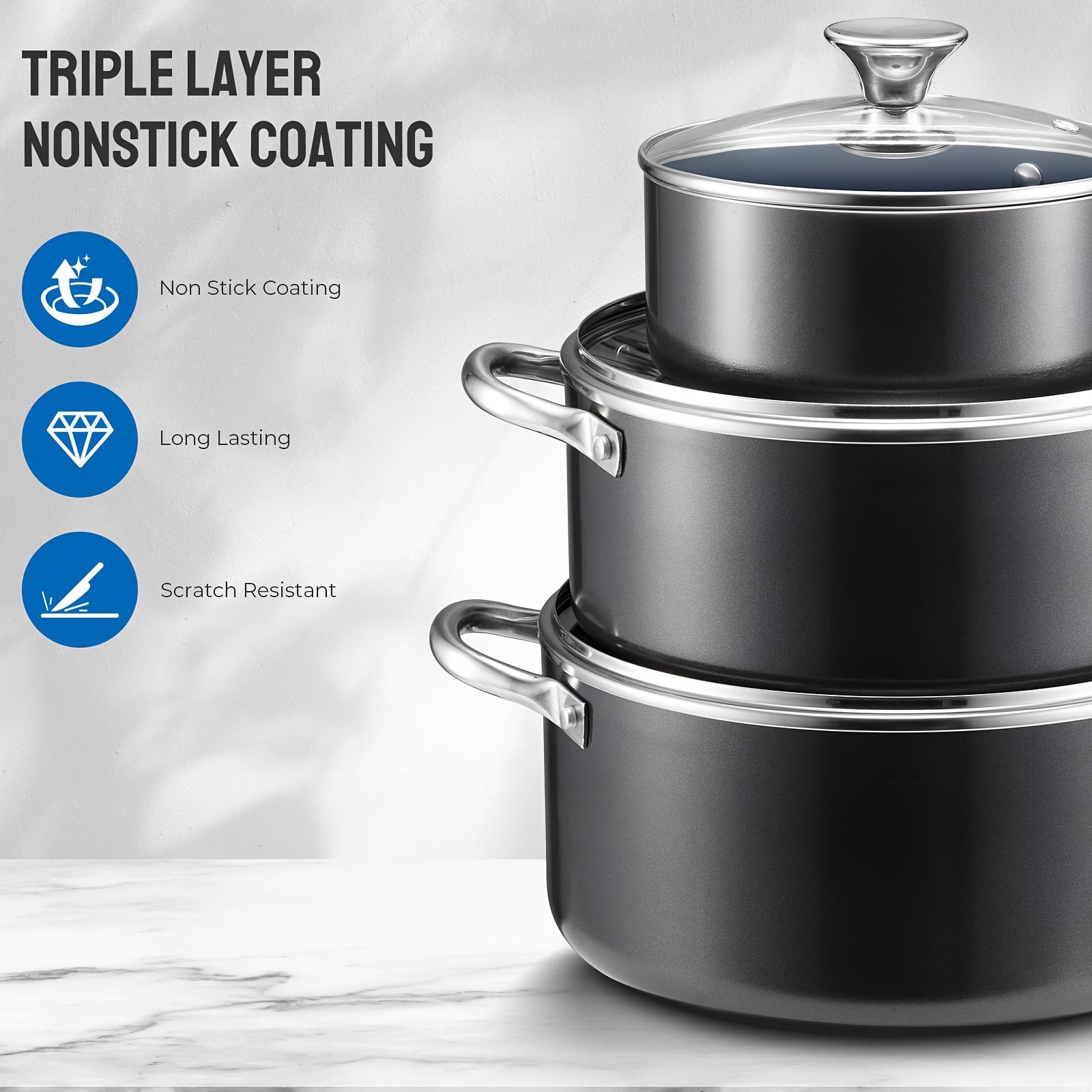 TEMU Induction Cookware Set 6-piece, Pots And Pans Set With Ceramic Coating, Handles & Lids, Dishwasher Safe & Oven Safe, Compatible With All Stoves, Black