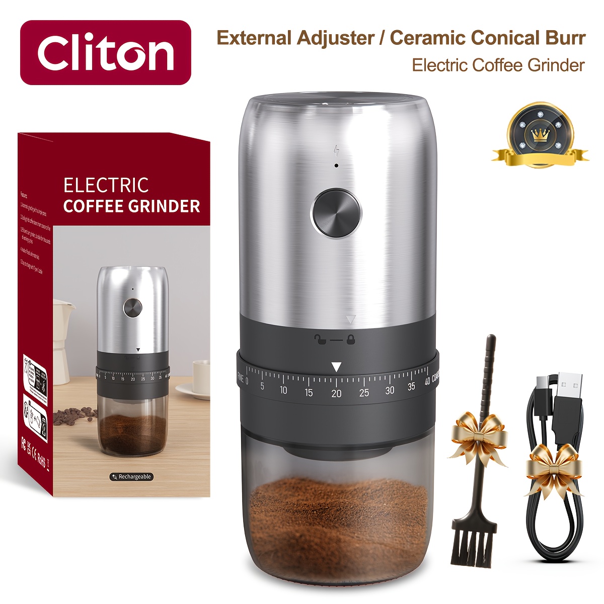 TEMU Rechargeable Electric Coffee Bean Grinder, Portable Cordless Conical Burr Coffee Grinder With 1800mah Capacity Battery, Washable Container,