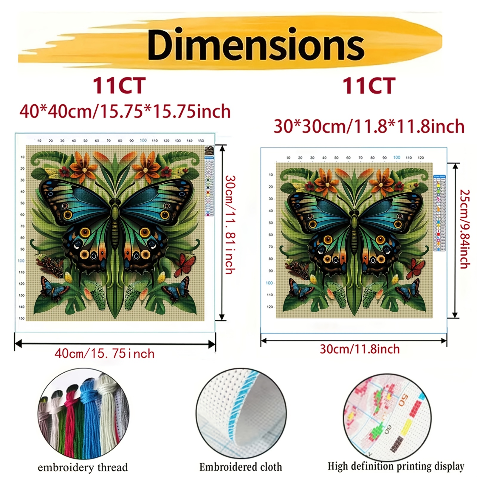 Cross-Stitch Printed Kit, Colorful Butterfly Flowers Pattern
