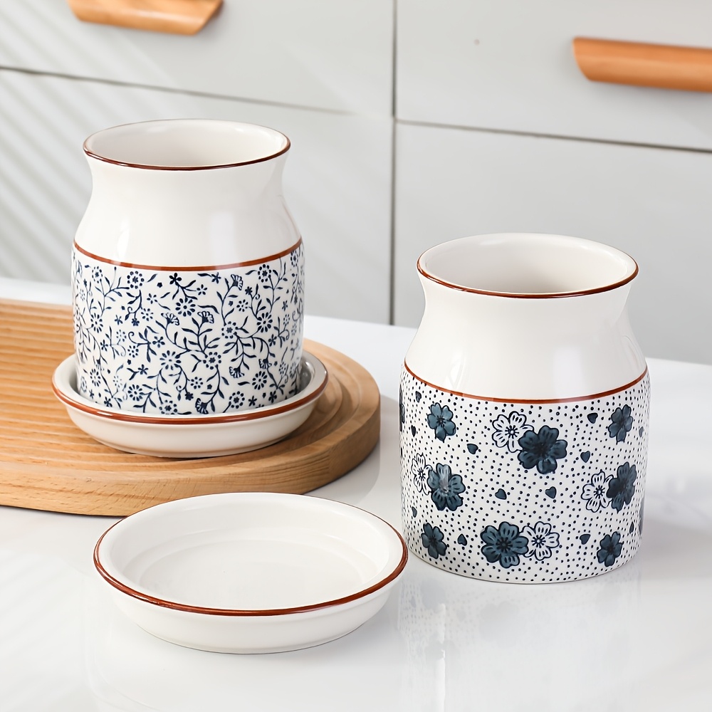 2pcs set ceramic large capacity kitchen utensil storage rack with ceramic base cherry   pattern kitchenware holder   desktop countertop storage and decoration Product details 0