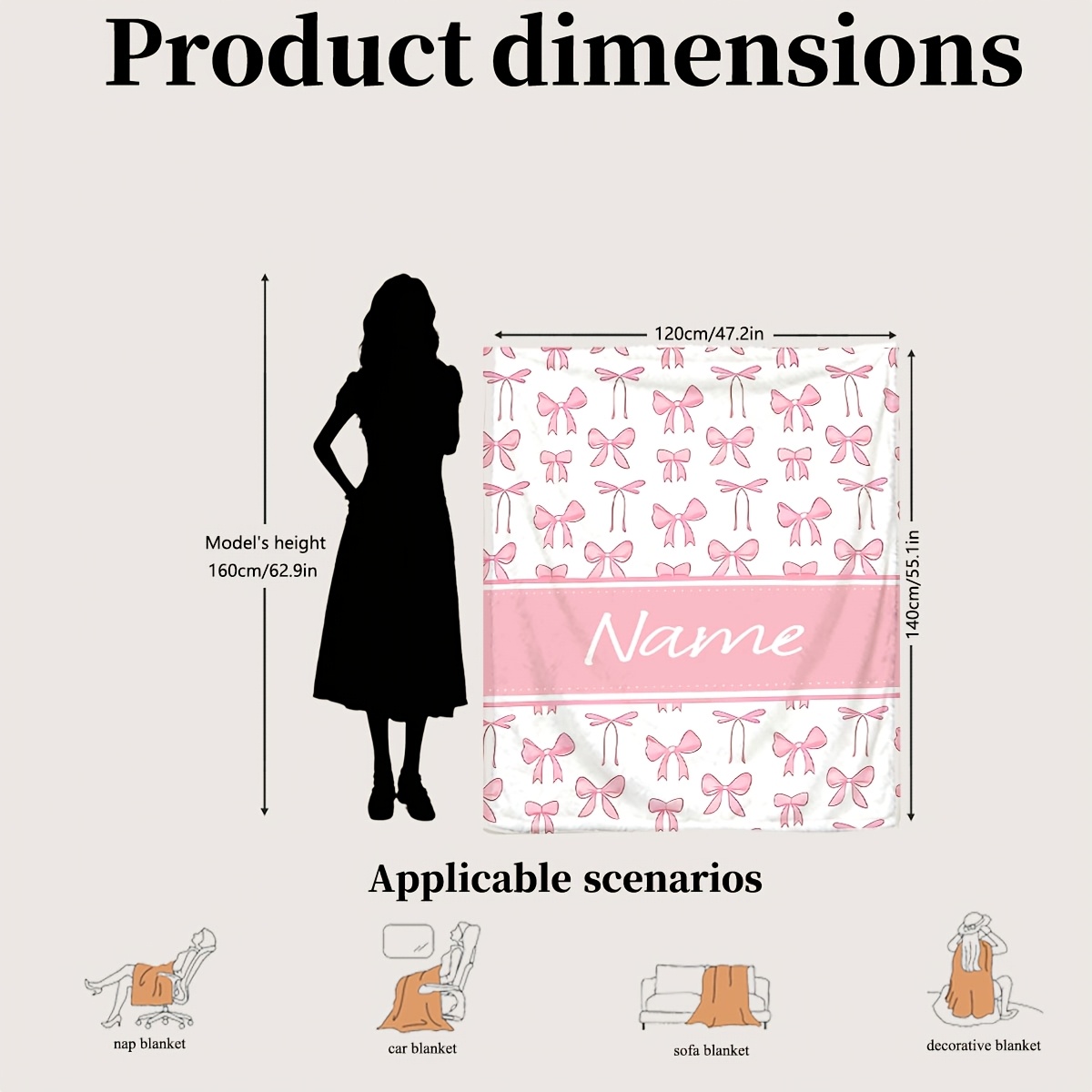 TEMU 1 Couverture personnalisée avec nom, en flanelle rose avec joli nœud, avec personnalisation de nom . Cadeau à motif de nœud rose, couverture de