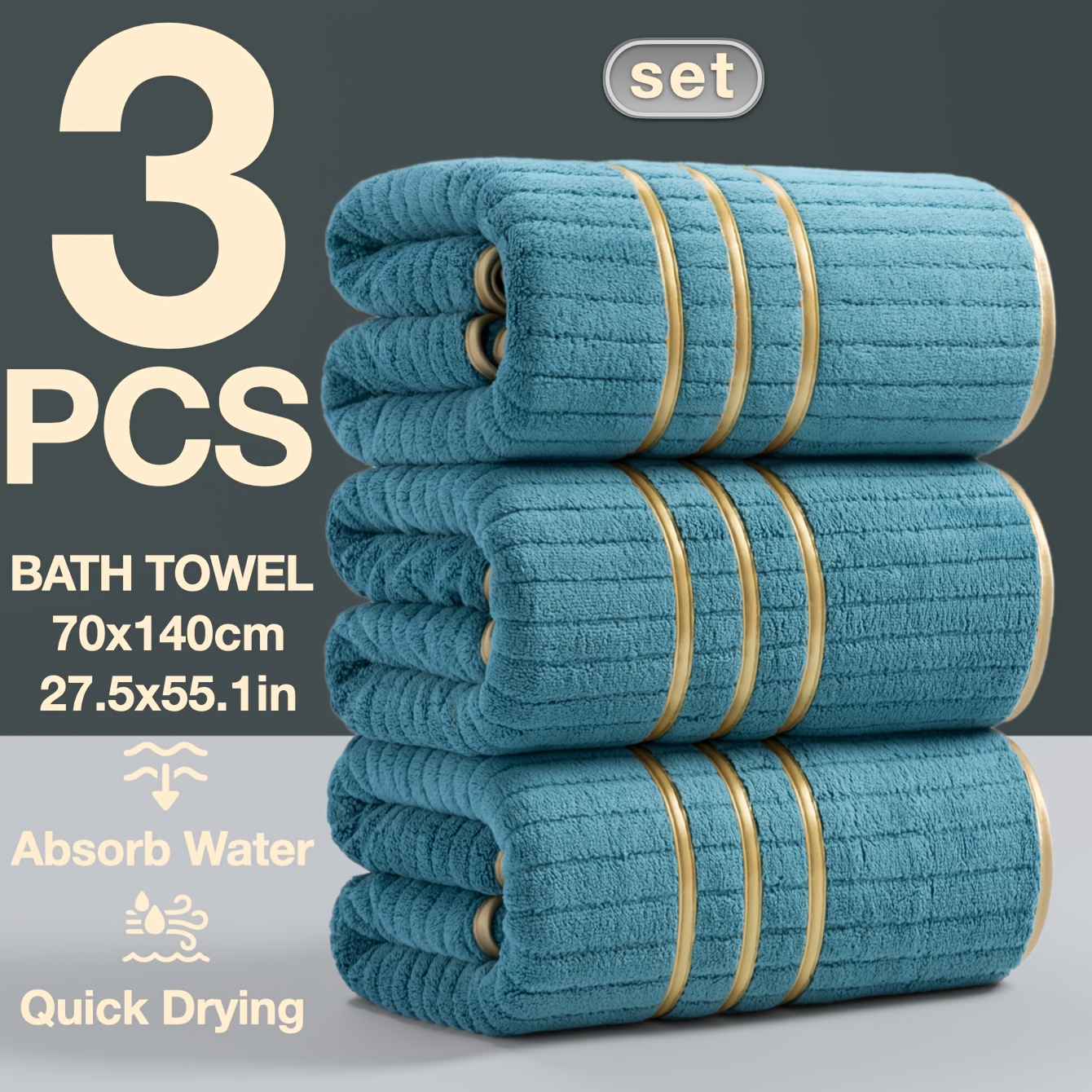 TEMU 3pcs Set Of High-quality Light Luxury Minimalist Golden-trimmed Embroidered Bath Towels, 70x140cm, Striped Bathroom Combo, 300gsm Sauna & Towel
