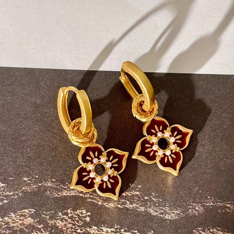 Women's Elegant Floral Earrings - Vintage-like Enameling, Golden-tone Settings For Everyday & Formal Events - Gift For Women - Model P43, Sophisticated Style, Intricate