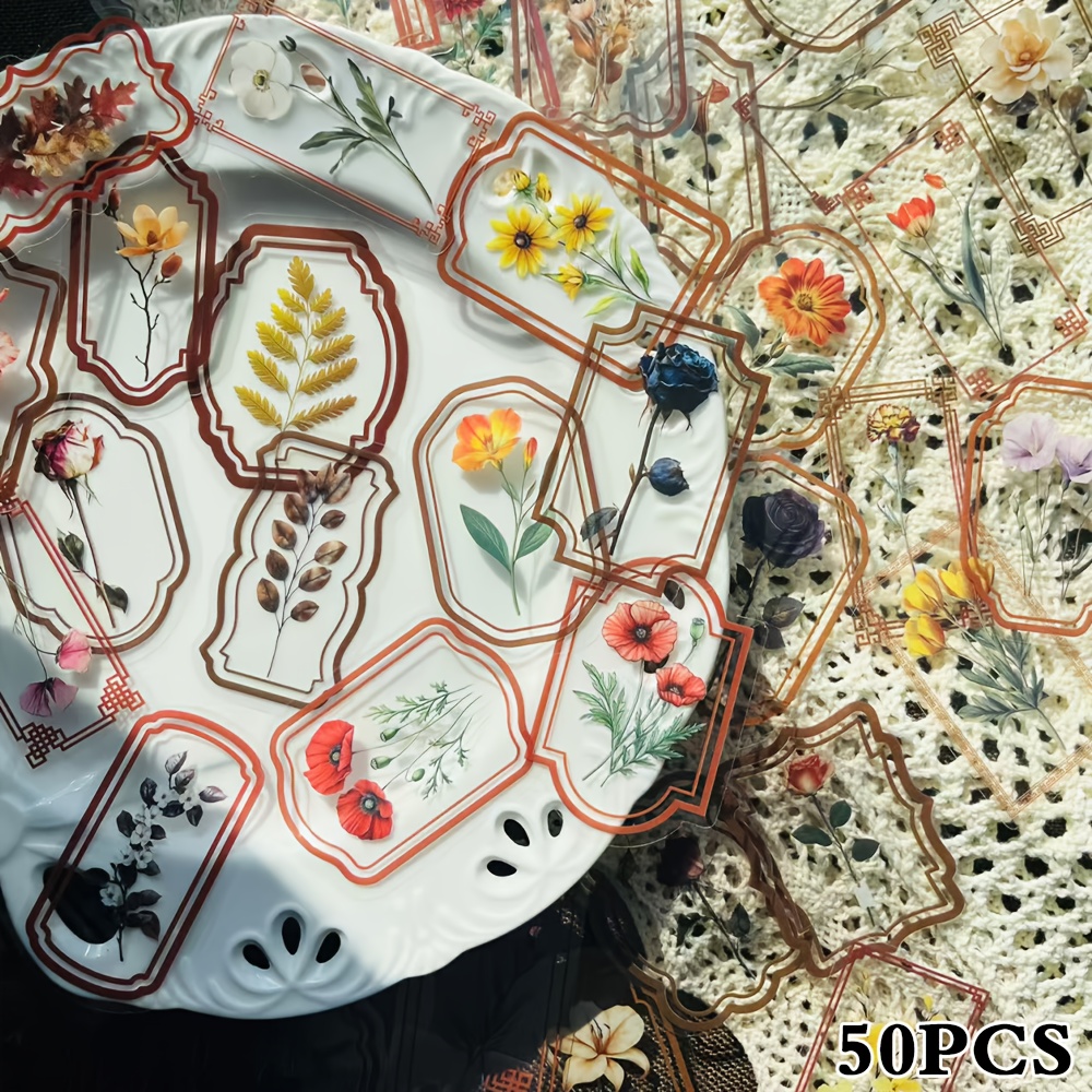 50 Sheets Vintage Photo Frame Stickers Transparent Plant Flower Decoration Suitcase Laptop Scrapbooking Journal Decor Helmet Creative Gift Adhesive Painting