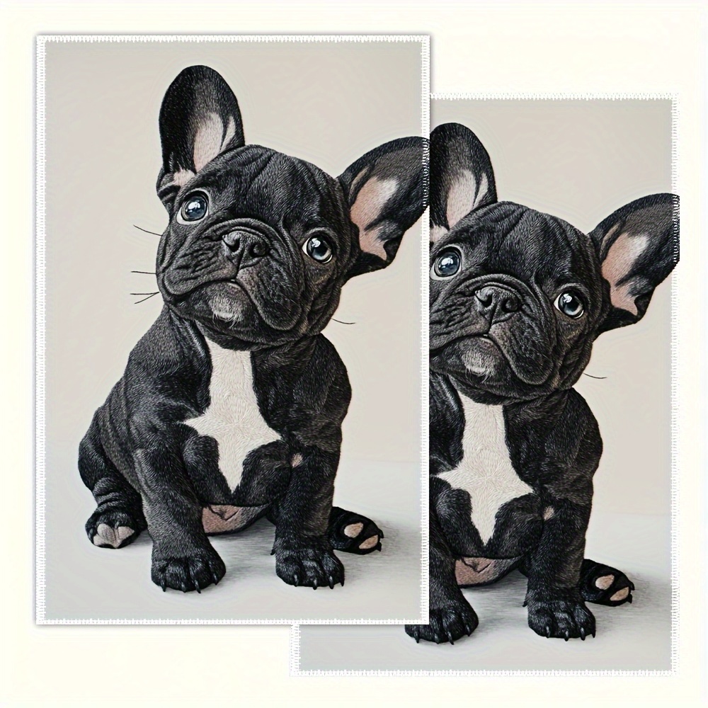 TEMU 2pcs, Single-sided Printed Kitchen Towels, 40x60cm, French Bulldog Puppy Embroidery, Towels, Ultra Towels For Home Decor And Party Accessories