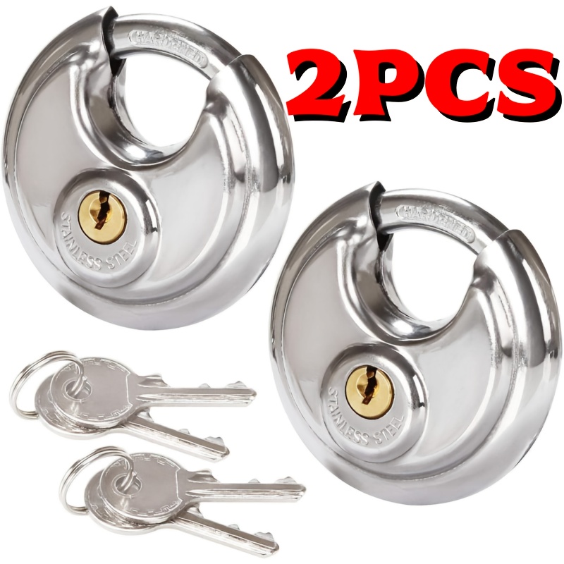 2 pack heavy duty stainless steel round padlock with keys 60mm disc style security lock for storage lockers sheds garages trailers outdoor equipment weatherproof  