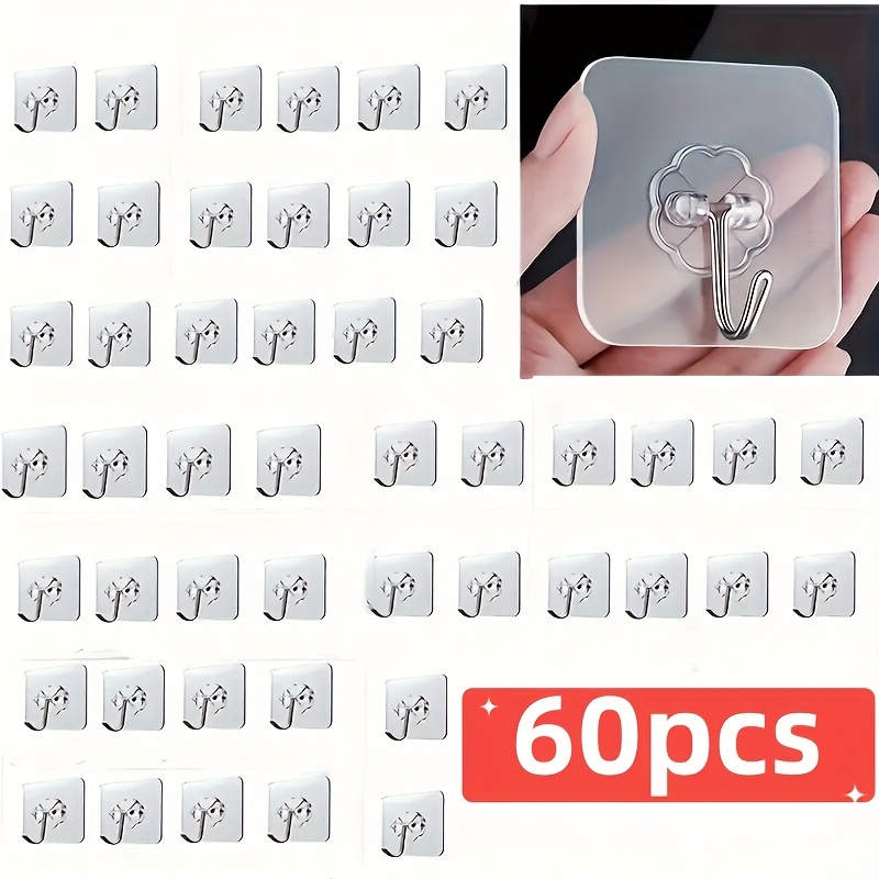 TEMU 60pcs Crochets Adhésifs Transparents Trace - Installation Murale Dommages, , Crochets Muraux pour Suspendre Clés, Tasses, Chapeaux, Manteaux,