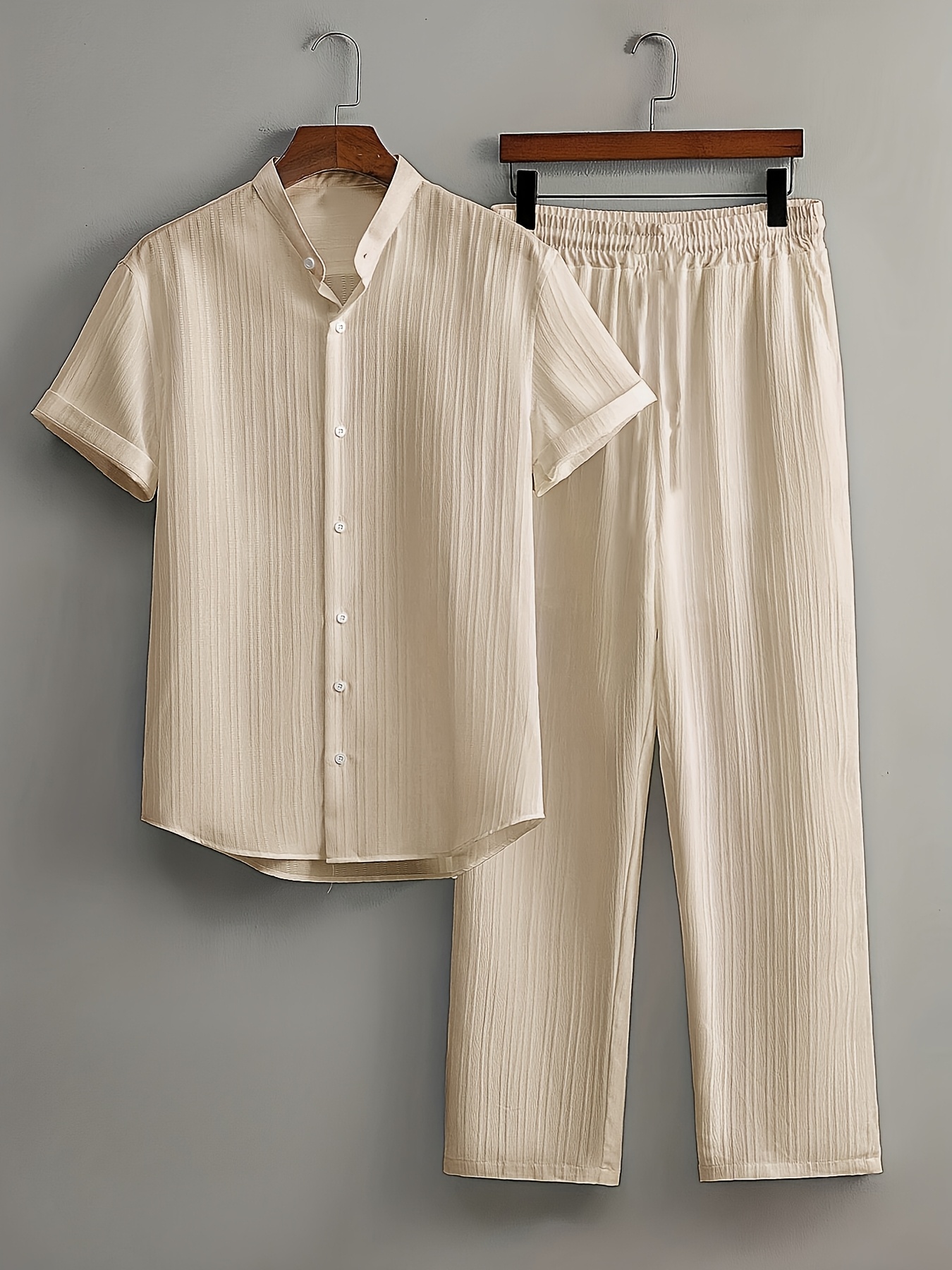 Men's Summer, Fashionable Wave Pattern Simple Casual Short Sleeve Shirt and Plain Trousers Set