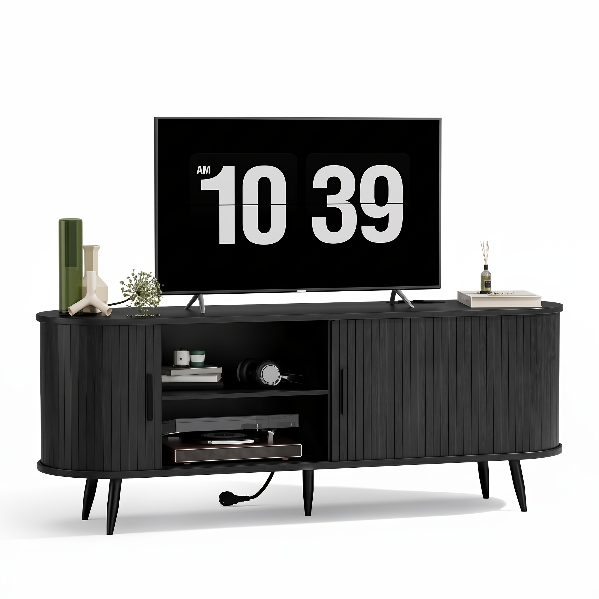 Image of 145cm Tv Stand, Oval Entertainment Center For Tvs Up To 60", Console Cabinet With Tambour Doors And Adjustable Shelves For Living Room, Easy Assembly