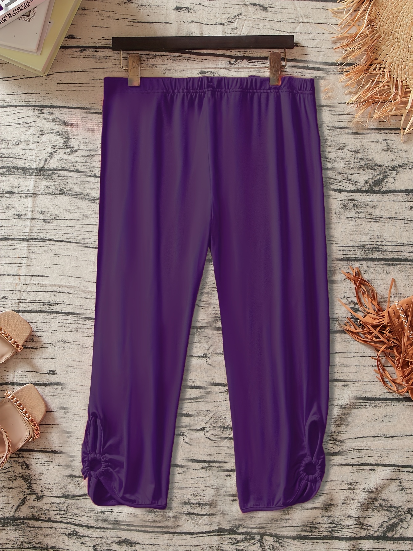 Women's Plus Size Stretchy Casual Pants - Solid Color Black, Elastic Waistband, Comfort Fit, Polyester, Machine Washable - Ideal for Spring/Summer/Fall