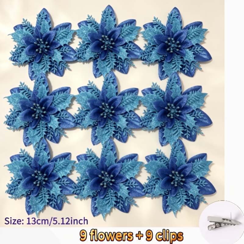TEMU Ensemble floral de Noël 18 pièces avec pinces, 9 fleurs à paillettes + 9 pinces robustes pour la fabrication de couronnes, décorations d'arbre,