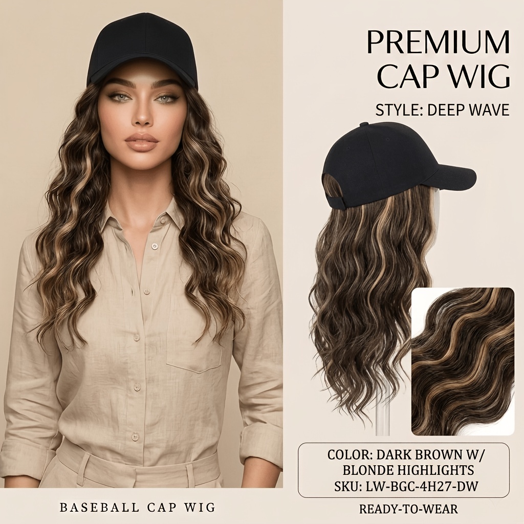 TEMU 1pc 14 Inch Wavy Baseball Wig Synthetic Hair Extensions Hat Wig For Women, 4h27 Brown Blonde Highlight, Water Wave, , Adjustable , Daily Wear