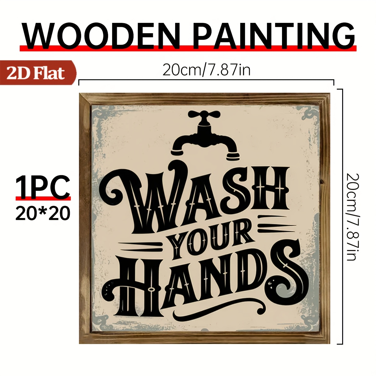 TEMU 1pc 2d Flat Rustic Wooden Decor (8 X 8 Inches) - Humorous "wash Your Hands" Quote, Multi-use Home Decor Art, Polished End, For Cafe Decor,