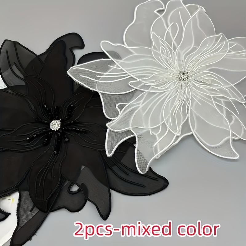 TEMU 2pcs Elegant Floral Lace Appliqué - Black And White Flowers With Pearl Decoration, Perfect For Dress And Clothing Decoration, Sewing Embroidery