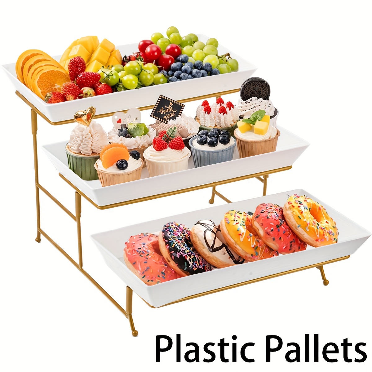 

1pcs 3 Tier Plastic Tray For Party Entertaining, 12 X 6 Inch Reusable Trays With Metal Stand Foldable And For Vegetables, Fruits, Cookies, Desserts