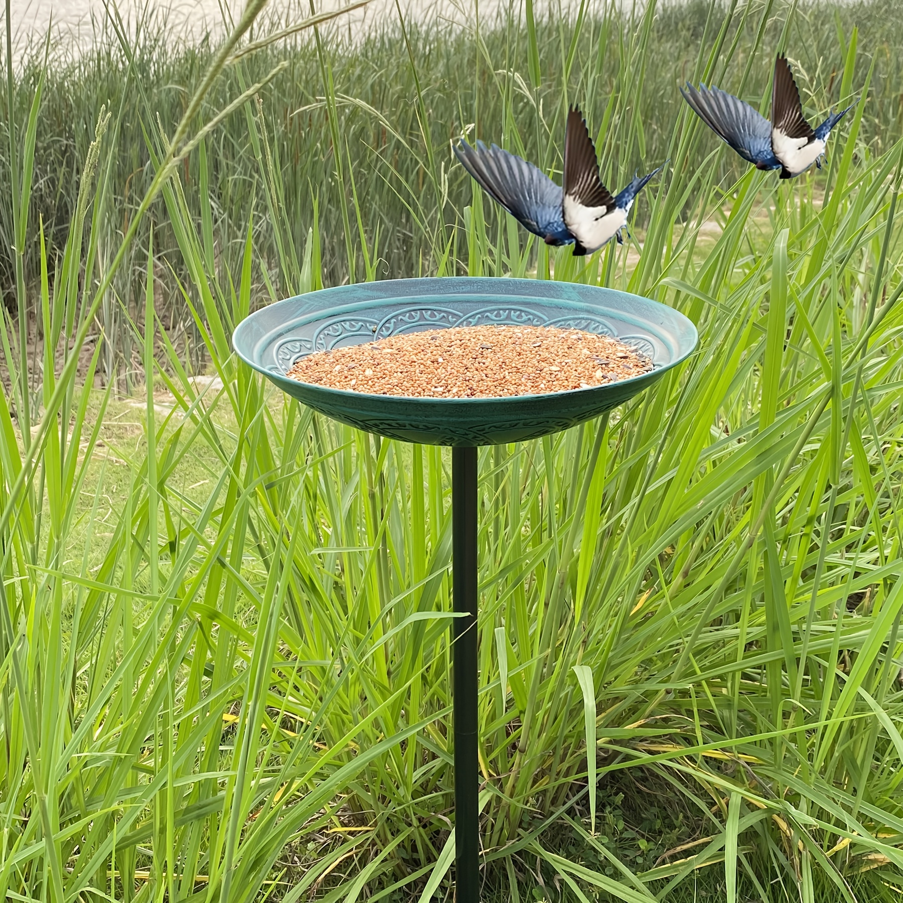 Image of 1pc Outdoor Metal Bird Bath, 12.8 "diameter Bowl With Wooden Stake Bird Bath Garden Patio Lawn Decor
