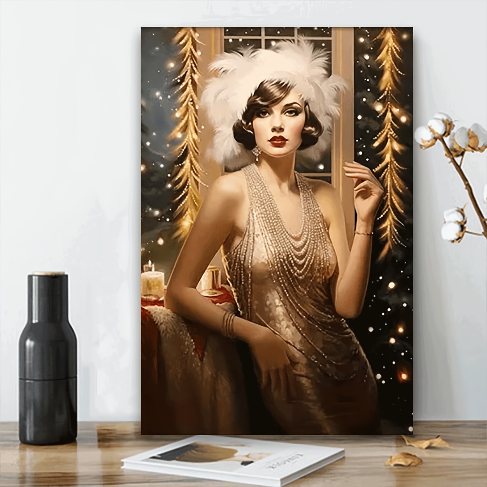 

1pc Elegant 1920s Flapper Canvas Art Print - Woman In Sequin Dress With Feathers, Holiday Wall Decor, Decoration, Ideal Easter Gift, Feminine Decor