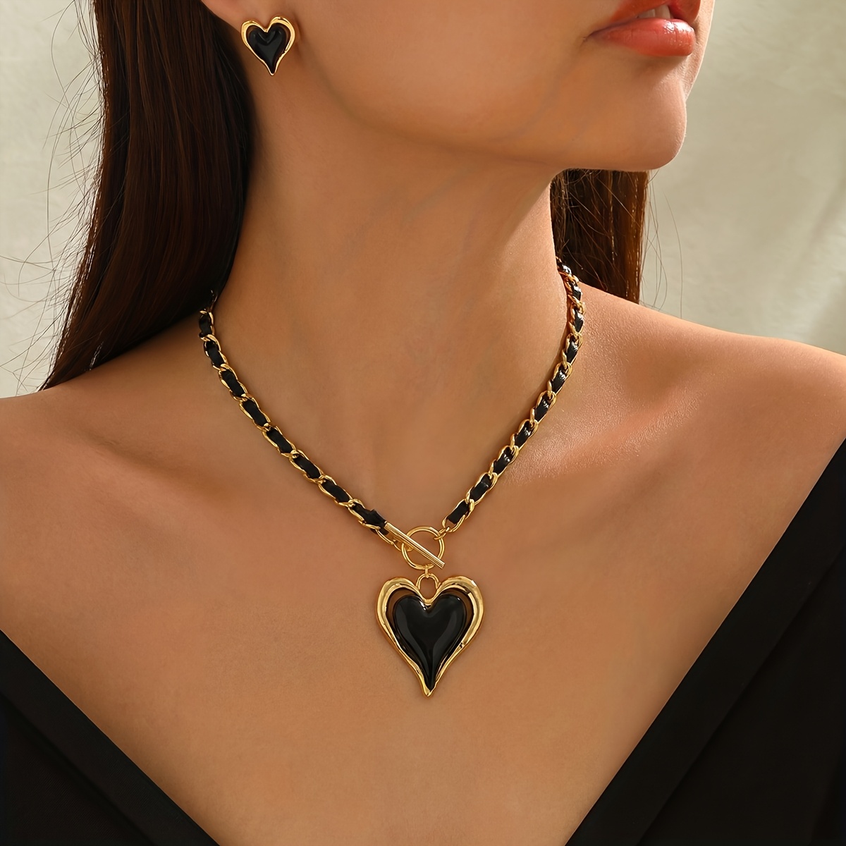 TEMU 2pcs Women's Jewelry Set, Elegant Sweet Cool Black Golden Woven Chain Big Heart Pendant Necklace And Heart Stud Earrings, Spring Summer Daily