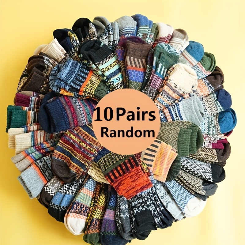 TEMU 10 Pairs Wholesale Suitable For Winter-spring Gifts - Couple-themed Retro Ethnic Socks, Thick Warm Middle-length Multicolor Random Colors,