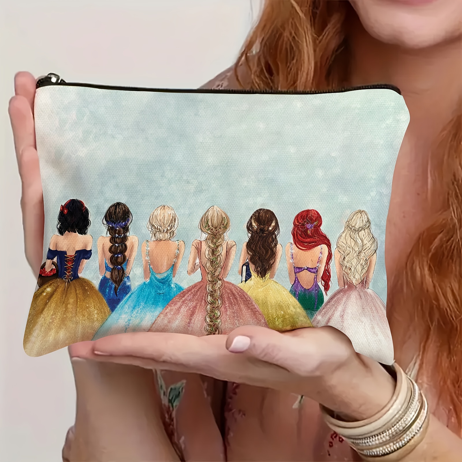 

Chic Princess-themed Canvas Cosmetic Bag - Braided Hair & Dress Design, Zippered Travel Pouch For Makeup & Accessories, Ideal Gift For Girls & Women, Makeup Travel Bag