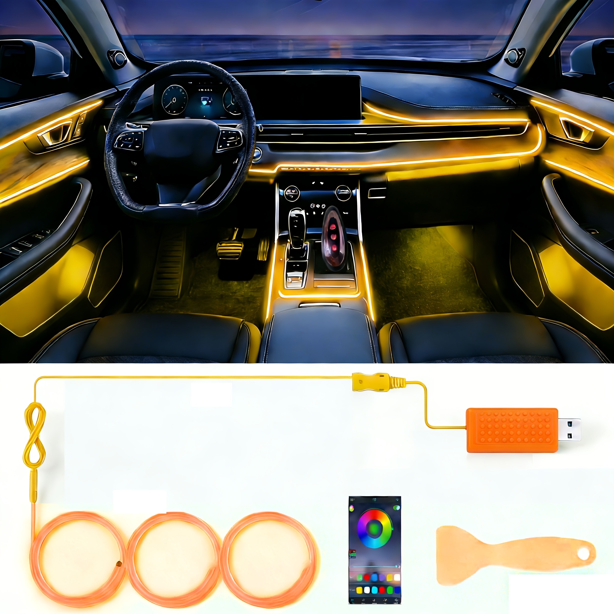 TEMU Smart Led Car Interior Lights, 2.9 Meter Car Led Ambient Light Strip, Wireless App Control, For Car Center Console And Door Decorative Lights,