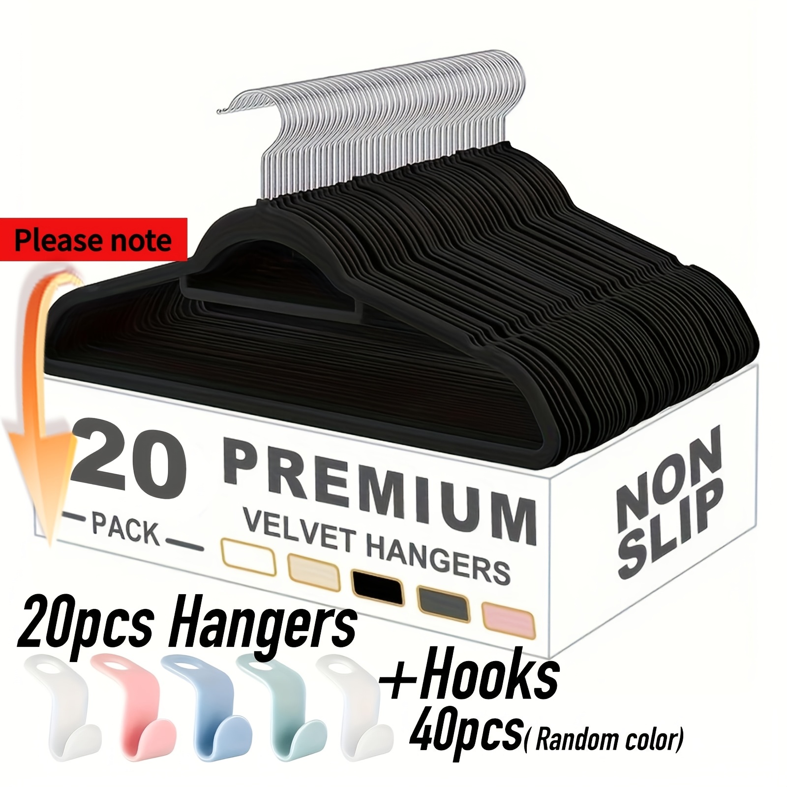 TEMU Bkfun 60/30pcs/set (10pcs Hangers And 20pcs Hooks/20pcs Hangers And 40pcs Hooks) Velvet Hangers And Random Color Hooks - Anti-slip Wardrobe