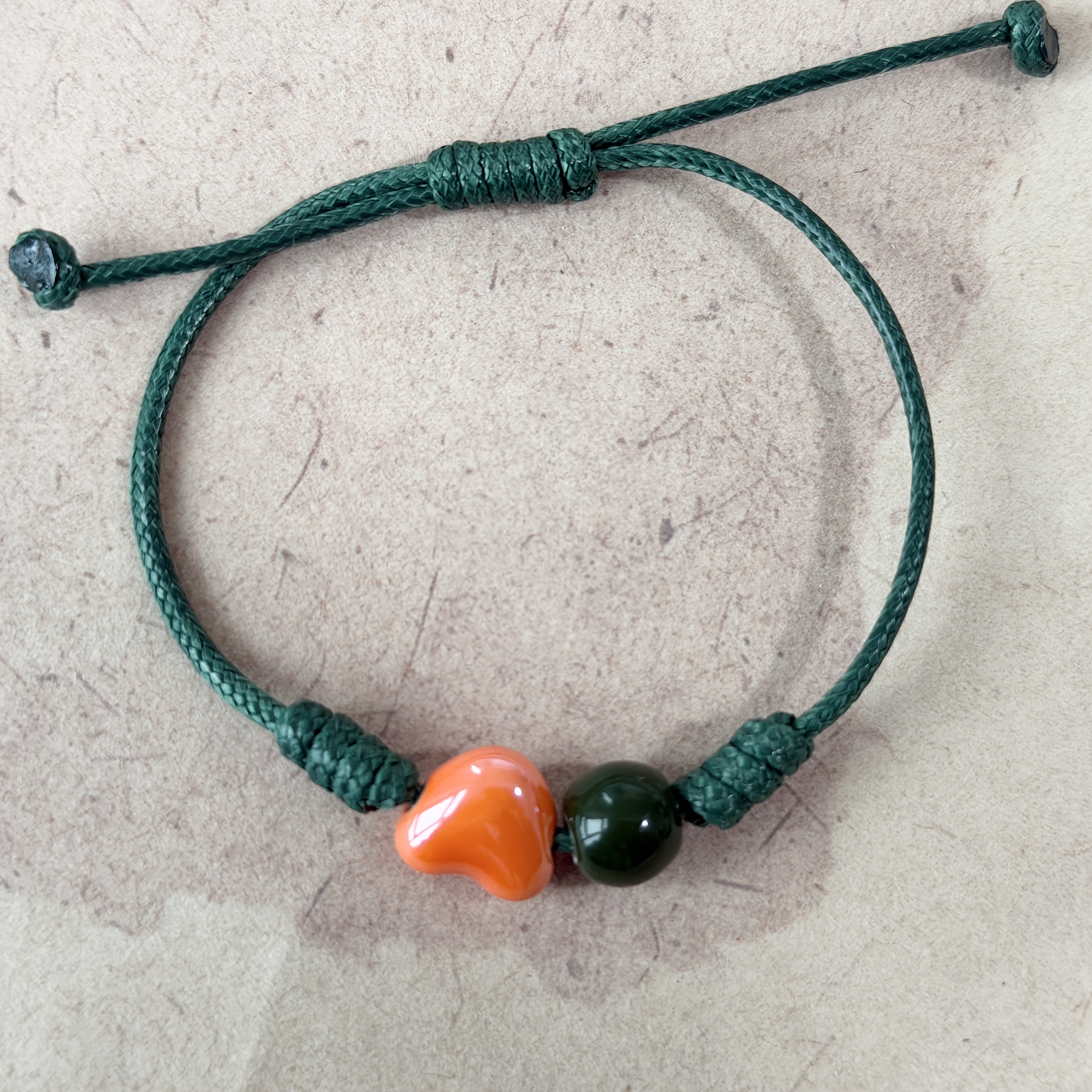 Women's Handmade Ceramic Green Heart Bracelet, Adjustable Length