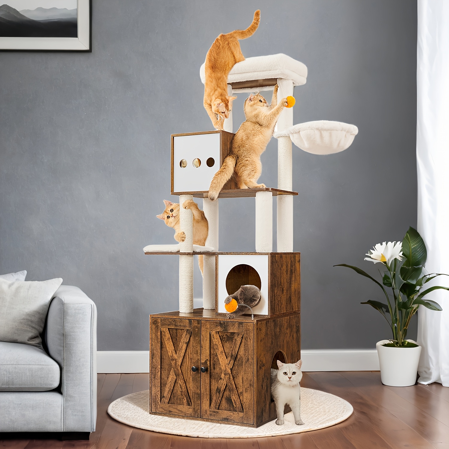 Image of Scratching Post, Cat Tree With Litter Box Cabinet, 178cm High, Cat Scratching Post, Scratching Column, Platform, Washable