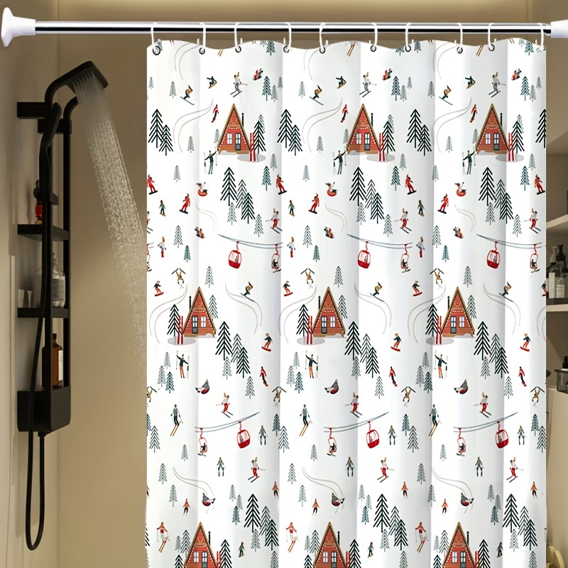 

1pc Christmas Ski-themed Waterproof Shower Curtain - , Light-blocking Peva For Privacy & Decor, Includes Hooks