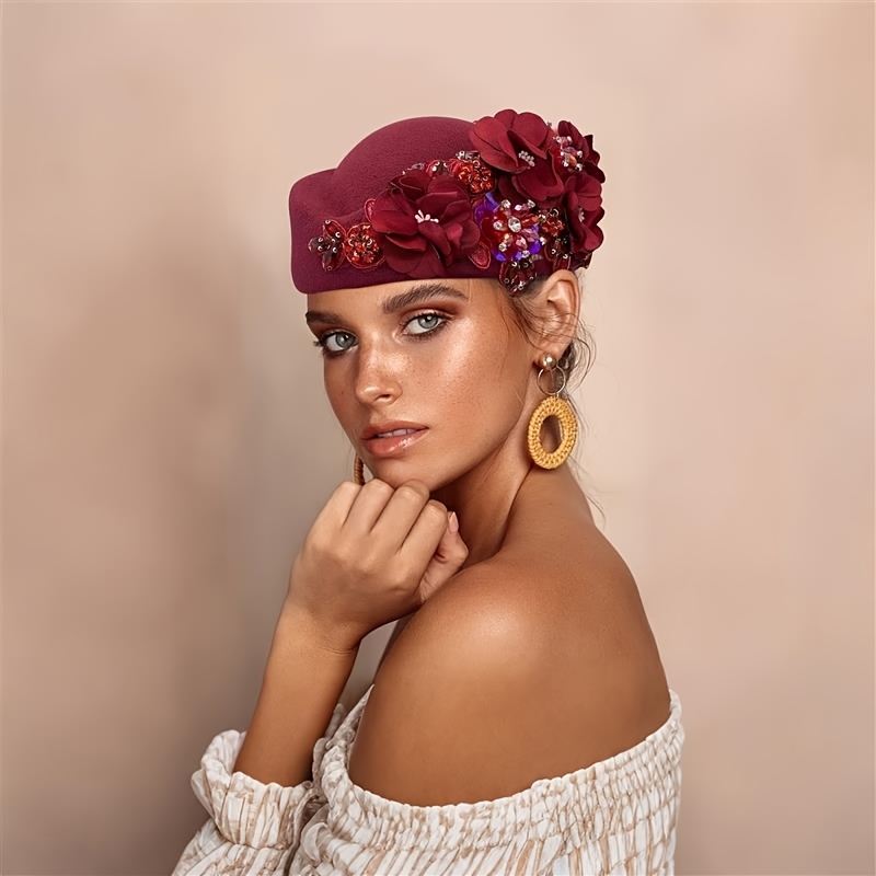 Women\'s British Felt hat Church Derby Headdress Floral Beret hat Rose Red Red Rose Kentucky Derby Black Hat Preakness Belmont Del Mar  main image 4