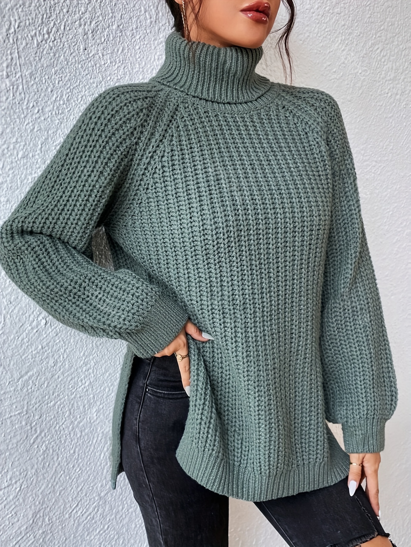 turtleneck knitted split hem versatile sweater casual long sleeve sweater for fall winter womens   3