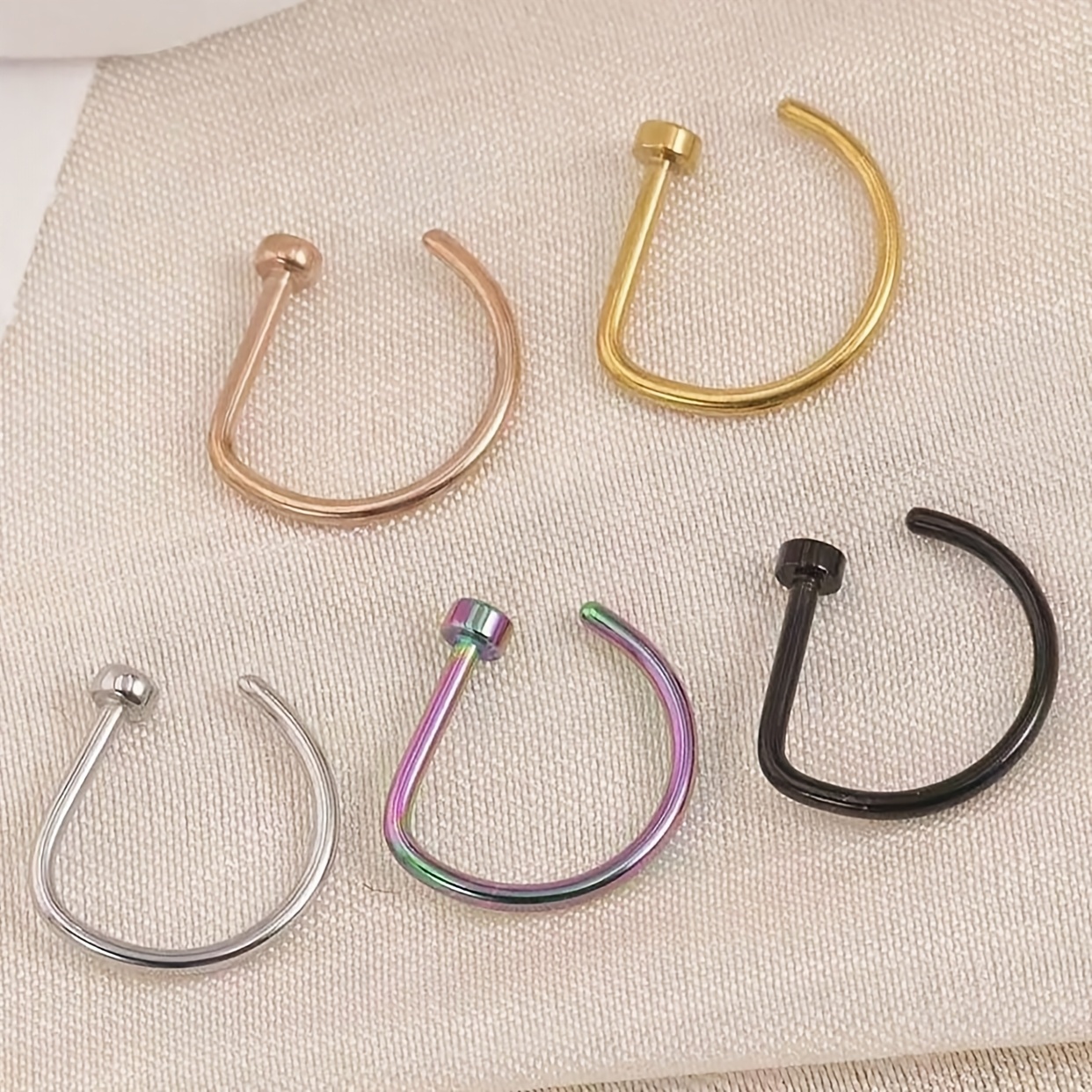 TEMU 5pcs Fake Piercing Nose Ring Women Men Fashion Punk Non Piercing Thin Metal Single-sided Nose Clip Stainless Steel Perforation Septum Suitable