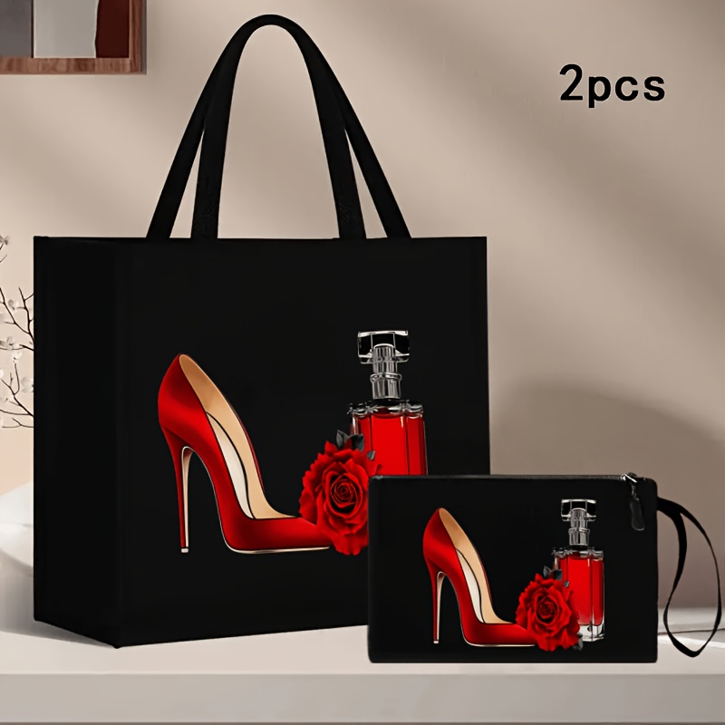 TEMU Ensemble de 2 sacs pour femme : Sac à main à motif talons hauts, roses et parfum avec trousse de maquillage, grand sac à bandoulière décontracté