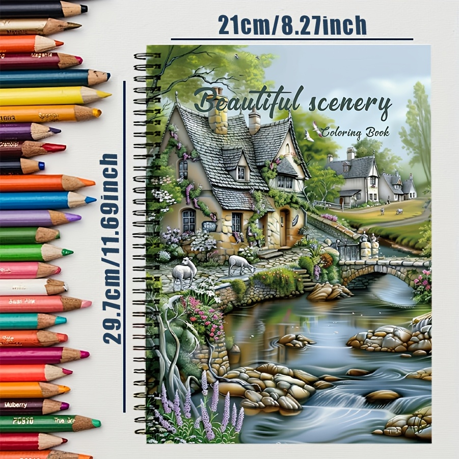 TEMU « Paysage de Village » - Livre de Coloriage pour Adultes à Fond pour la Détente et la Méditation. Avec Art pour se Détendre, Livre de 21 x 29,7