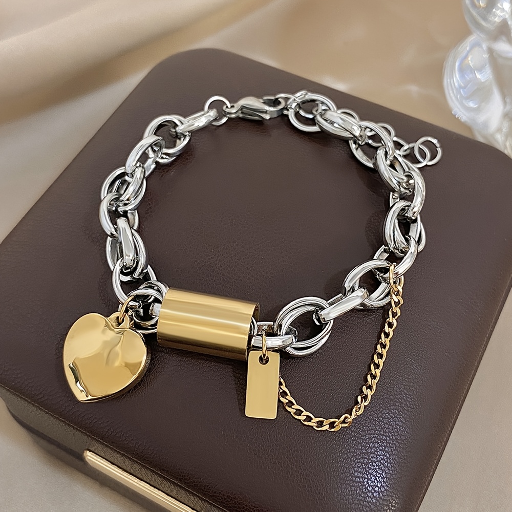 E-shop Punk Armband mit Dicker Goldsilberfarbener Kette aus Edelstahl und Modischem Herzanhänger, Handgelenkschmuck für Frauen und Männer, für Partys