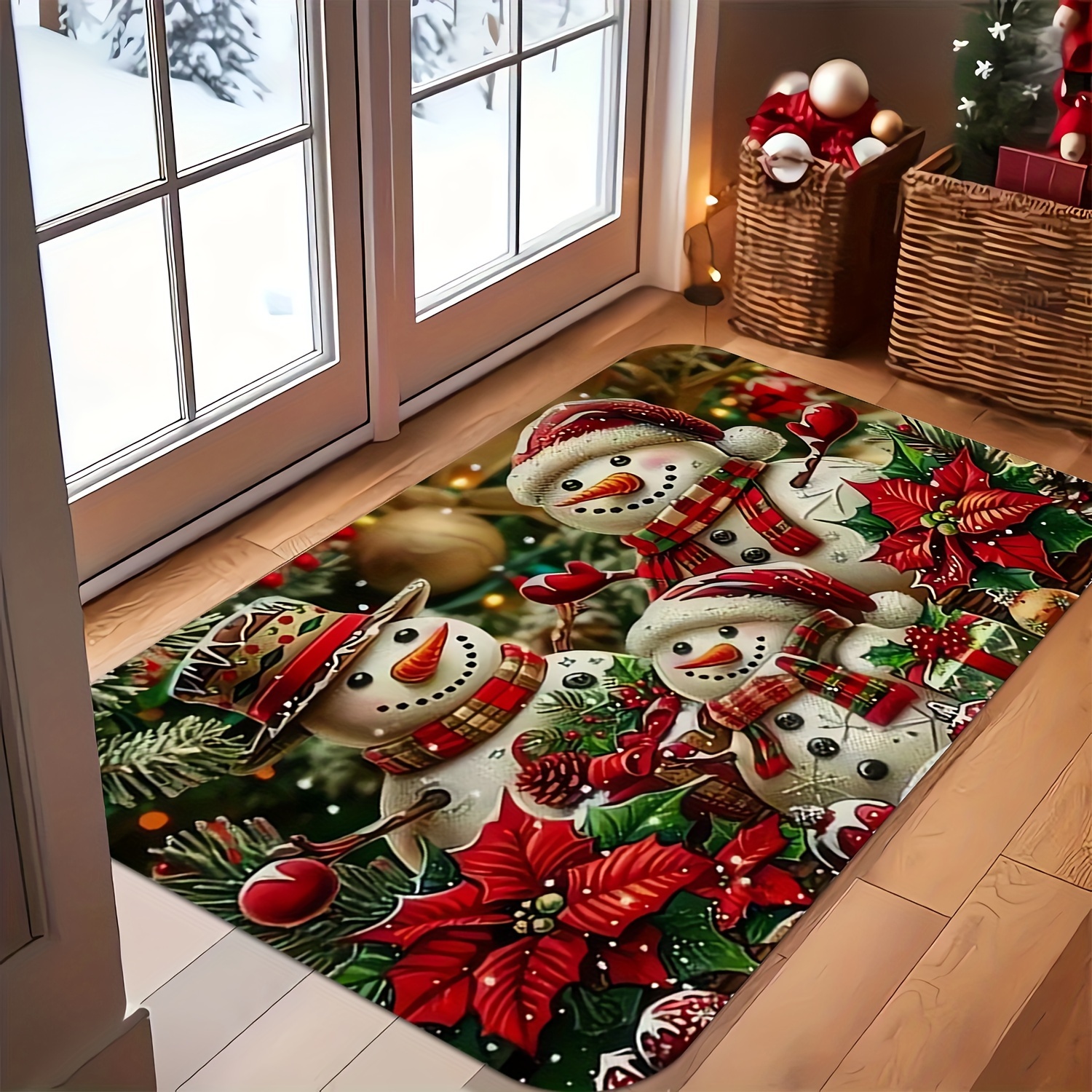 

Vintage Snowman & Poinsettia Christmas Doormat - Stain Resistant, Lightweight, Hand Washable With Non-slip Rubber Backing - Living Room, Bedroom, Kitchen, Office Decor