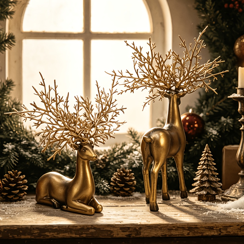 TEMU Christmas, Collectible Figurines 1 Pair Reindeer Ornaments, Hollow Branch Deer Antler Design, Christmas Holiday Tabletop Decoration Housewarming