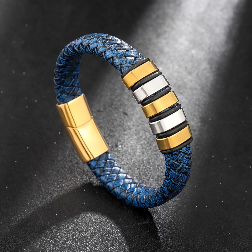 

A Trendy Lake Blue Woven Leather Bracelet With Magnetic Clasp For Men, Perfect For Parties And Festive Occasions As A Gift Or Accessory.