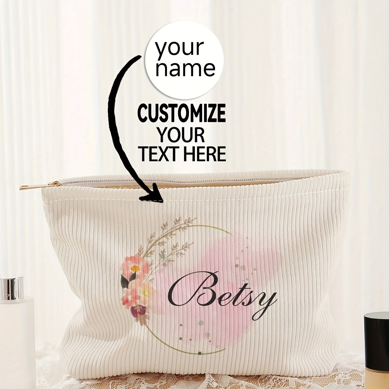 

1pc Customizable Cosmetic Bag, Polyester, Unisex-adult, Unscented, With Personalized Name And Custom Content, Closure, For Accessory, Perfect Gift For Women, Beauty Storage Pouch, Toiletry Organizer