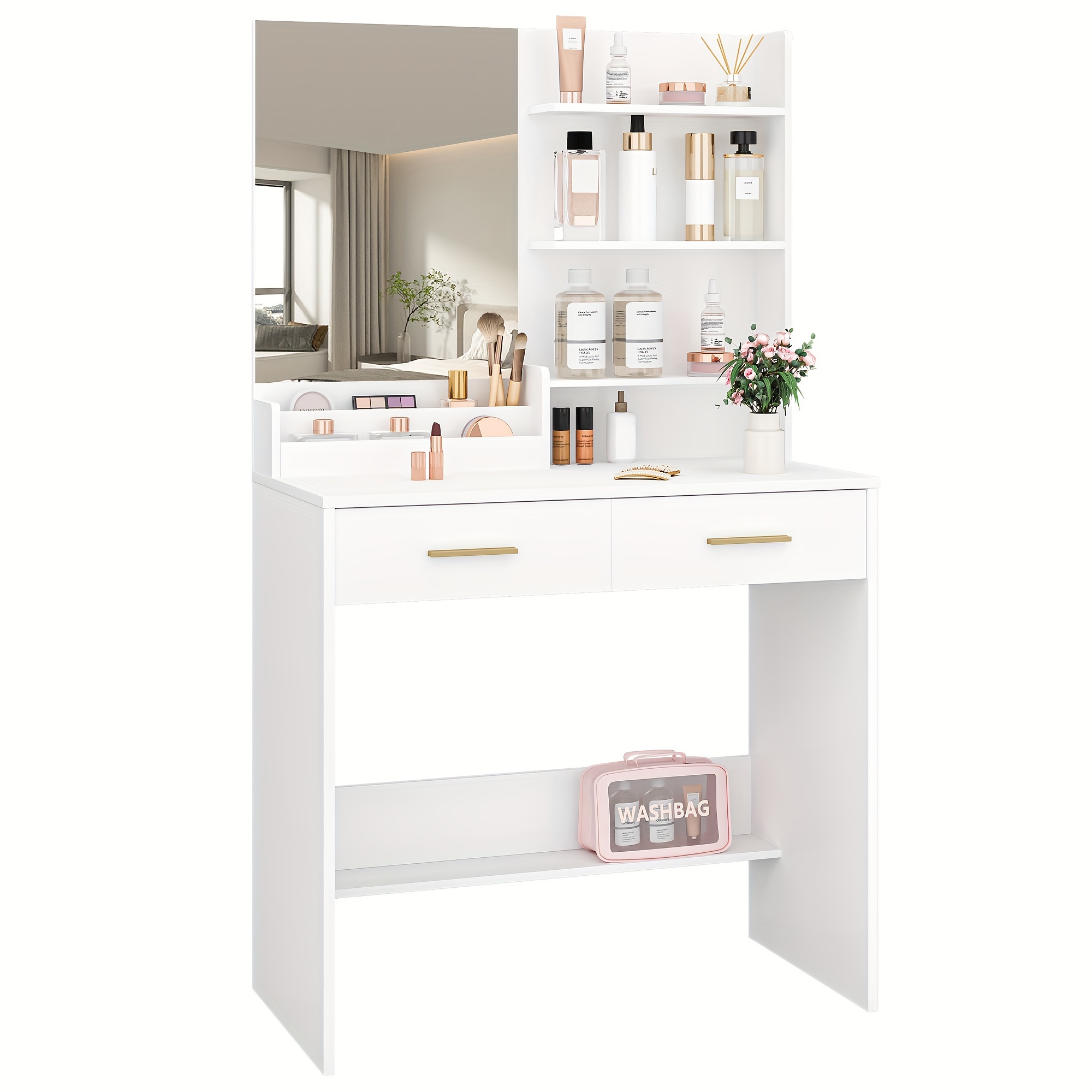 Dressing Table With Mirror, Vanity Unit With 4 Open Shelves And 2 Compartments, Dressing Table With 2 Drawers, For Bedroom, Living Room, Does Not Stool