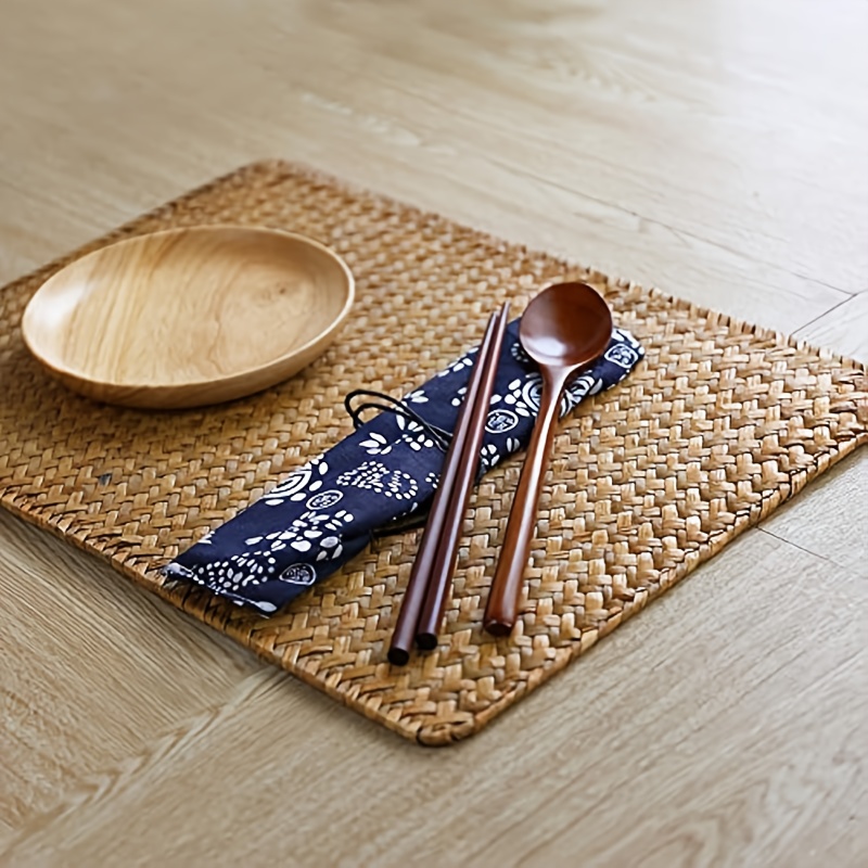 Image of 4pcs Set Of Natural Woven Rattan Rectangular Table Mats