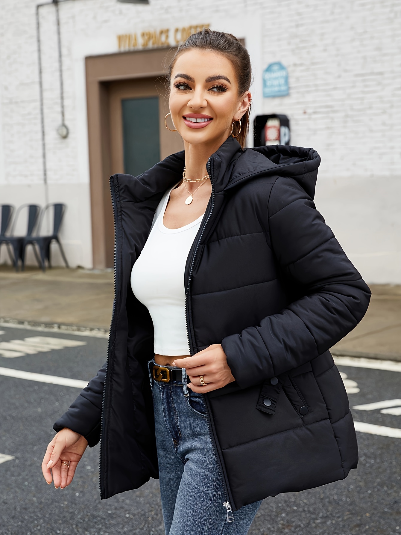 abrigo invierno capucha mujer chaqueta puffer negra Temu Spain