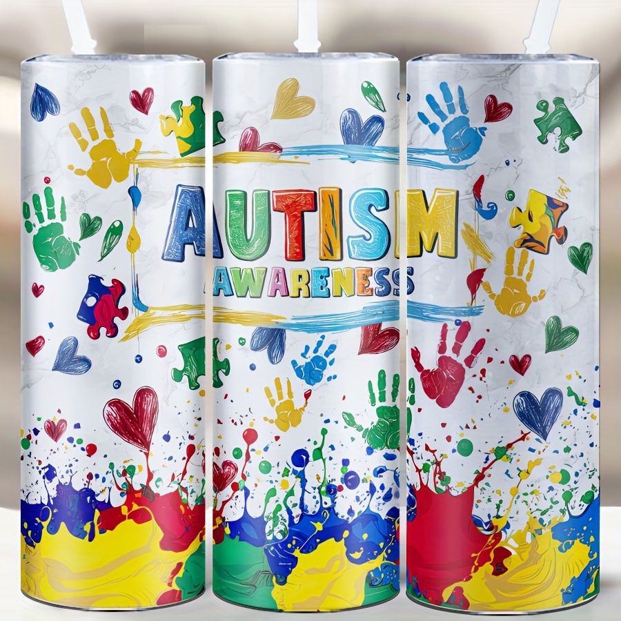 

20oz Autism Awareness Stainless Steel Tumbler With Lid & Straw - Colorful Palm Print, Portable For Travel, Camping, Car Use - Perfect For All Seasons, Ideal Gift For Christmas, , Birthdays