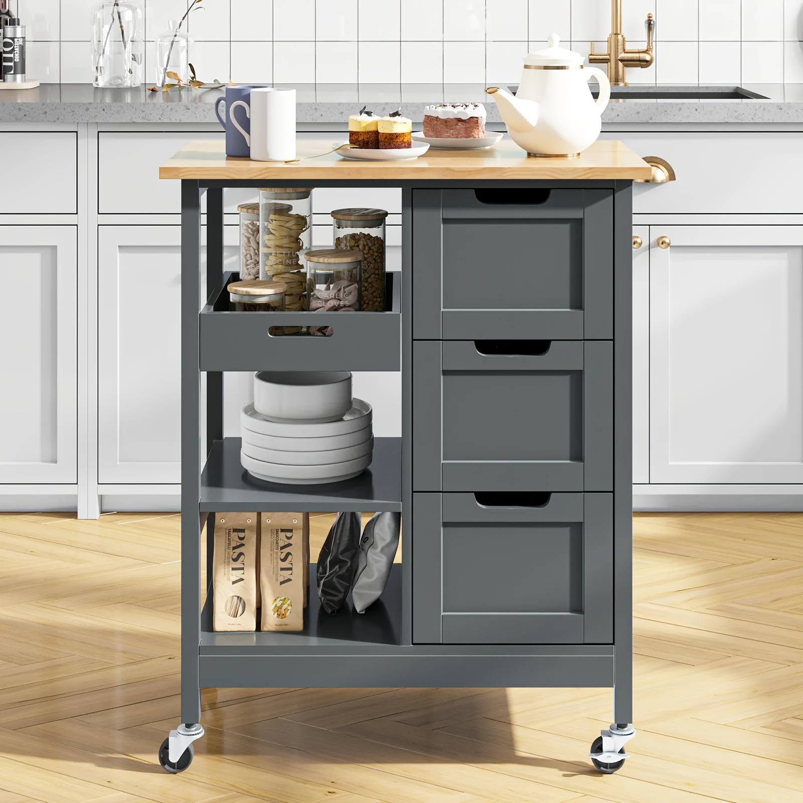 

Small Solid Wood Top Kitchen Island Cart On Wheels With Storage, Rolling Portable Dining Room Serving Utility Carts Mobile Movable With 3 Drawers Cabinet