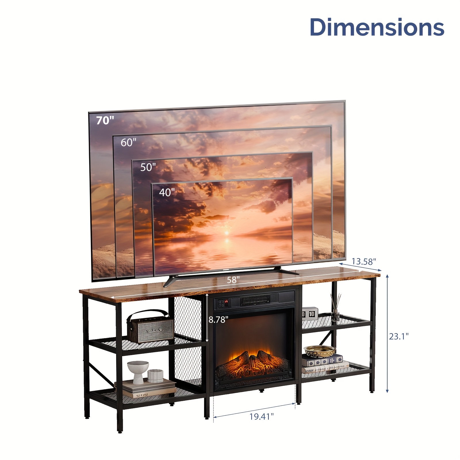 Bonnlo 58'' Fireplace Tv Stand Entertainment Center With Electric Fireplace Heater, Fireplace Media Console Table With Open Metal Mesh Frame And Shelves For Living Room