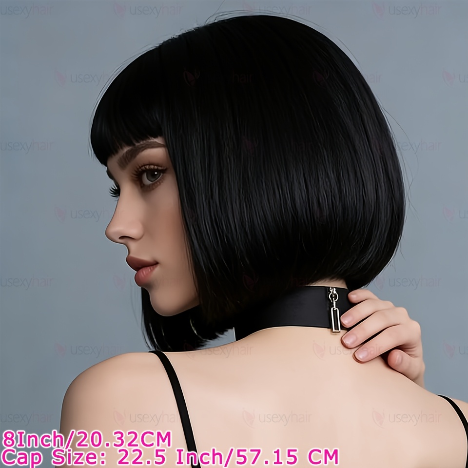 TEMU Perruque Bob à Frange avec Lace et Cheveux Naturels Raides de 180% - Lace Front , Convient aux Styles des Femmes de Toutes Races, Coupe de