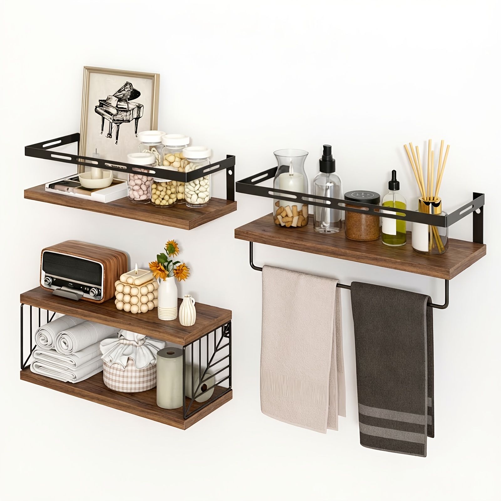 TEMU Tomnk 3+1 Tier Wall-mounted Shelf With Black Metal And Storage Baskets, Sturdy And Durable, Space-saving, Multi-functional Home Decor, Suitable