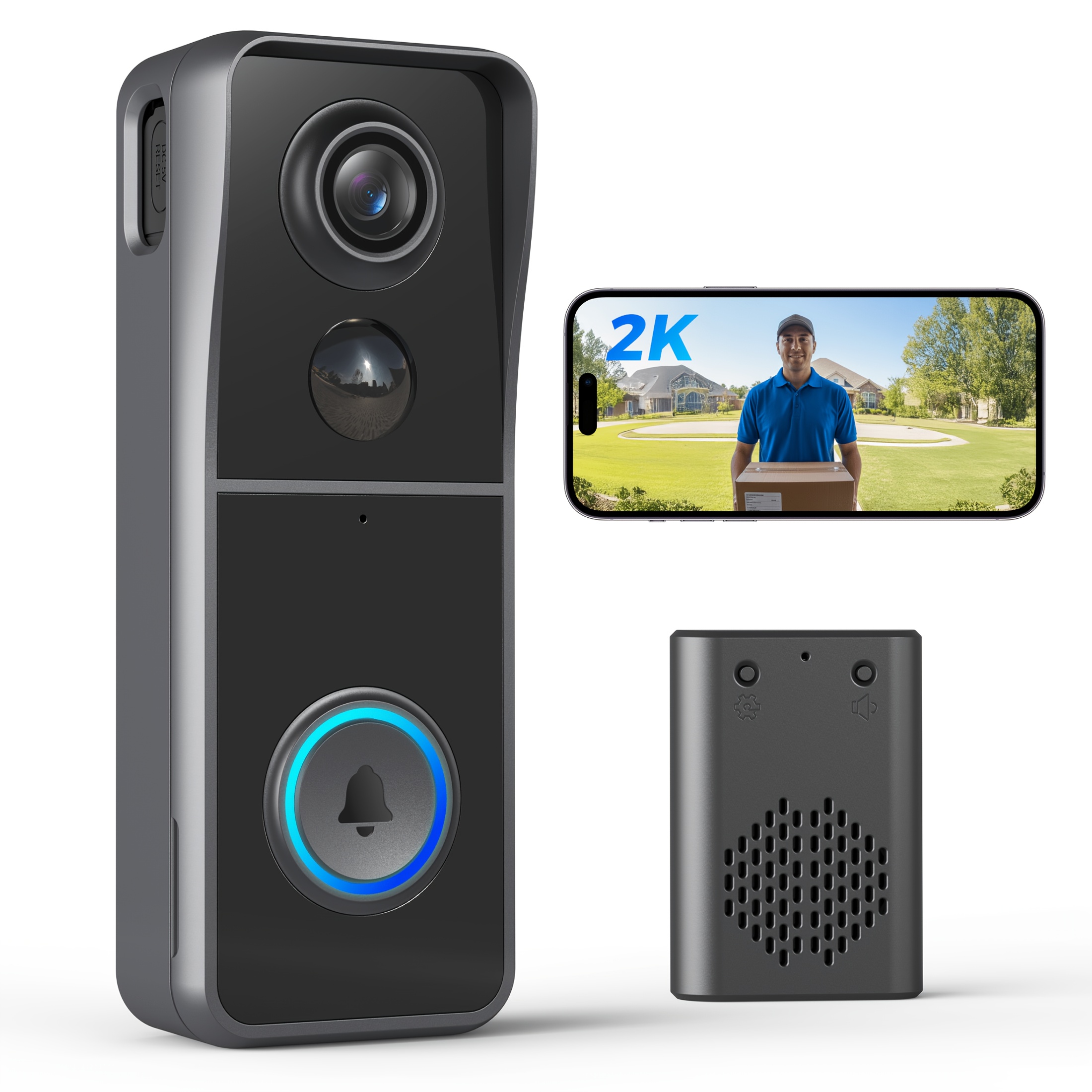 Home Security Wireless Doorbell Camera With Indoor Receiver, 2k Night Vision, 120° Panoramic View, Audio, Automatic Tracking Of People And Vehicles, 2.4g Wifi Multiple Sets 1pack 2pack