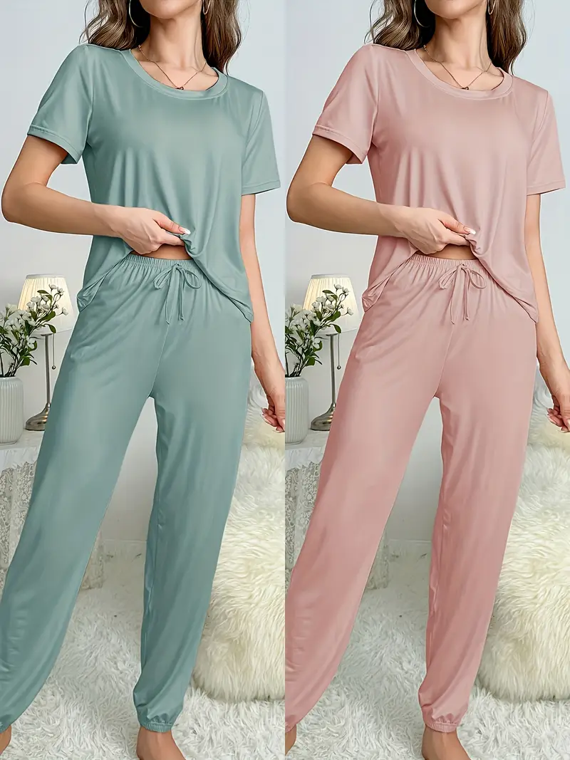 ladies new style solid color simple short sleeved top and long pants set casual and comfortable pajamas Product details 0